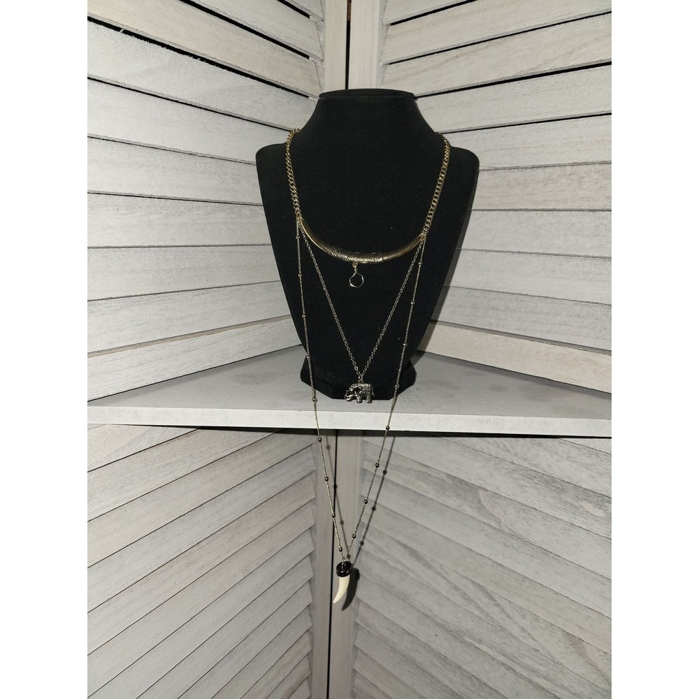 Bansri Boho Gold Tone Layered Elephant and Horn Pendant Necklace Etched Detail